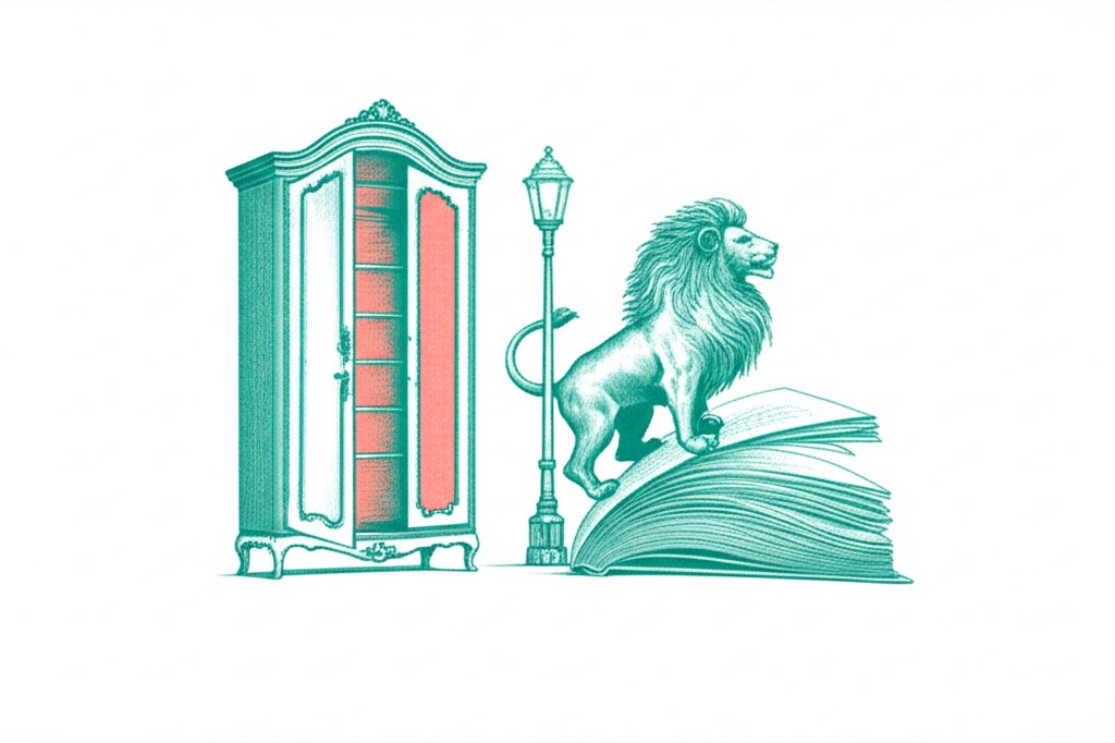 Editorial illustration of a lamppost in a snowy wood with a wardrobe door and a lion silhouette rising from an open book