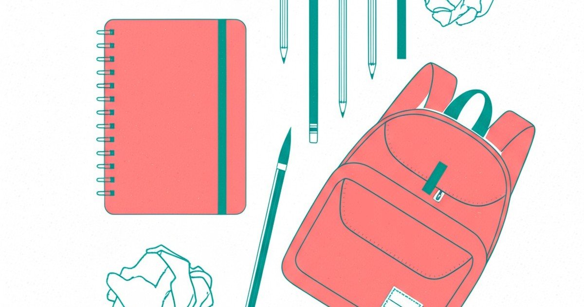 Editorial illustration of a school notebook and pencil with teal line work and coral accents on a white background