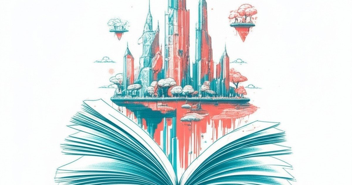 Editorial illustration of an open book with a hidden elf city emerging from the pages, teal line work and coral accents on a white background