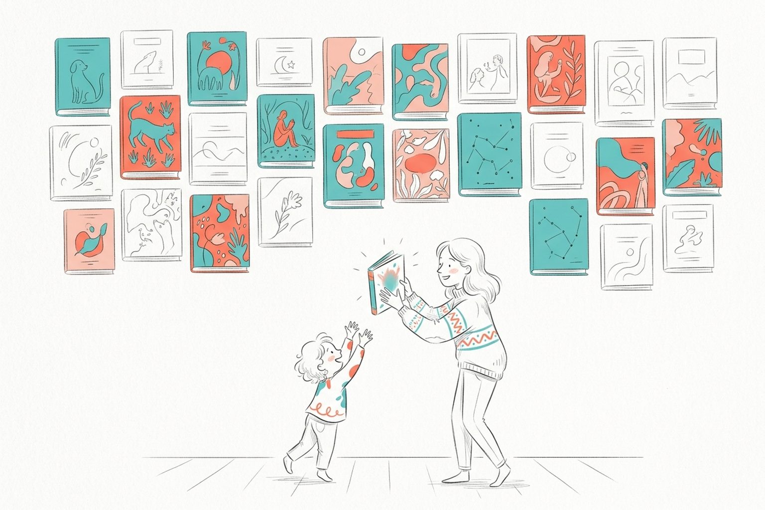 Editorial illustration of a wall of colorful books arranged like posters, with a parent and child reaching for one book together