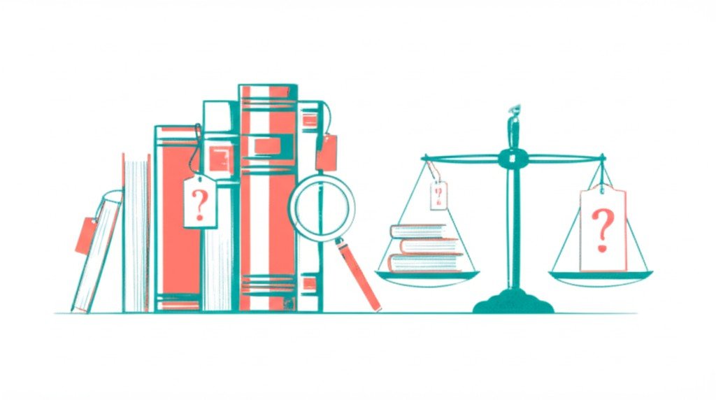 Editorial illustration of books on a library shelf with a magnifying glass and question mark symbols in teal line art