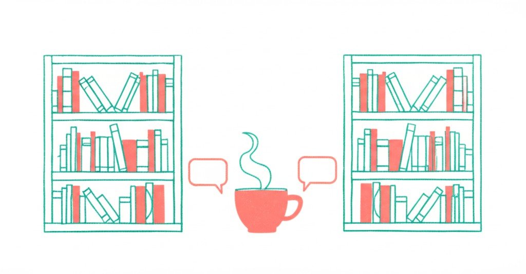 Two bookshelves side by side with different books, connected by a steaming cup of tea, editorial illustration in teal and coral
