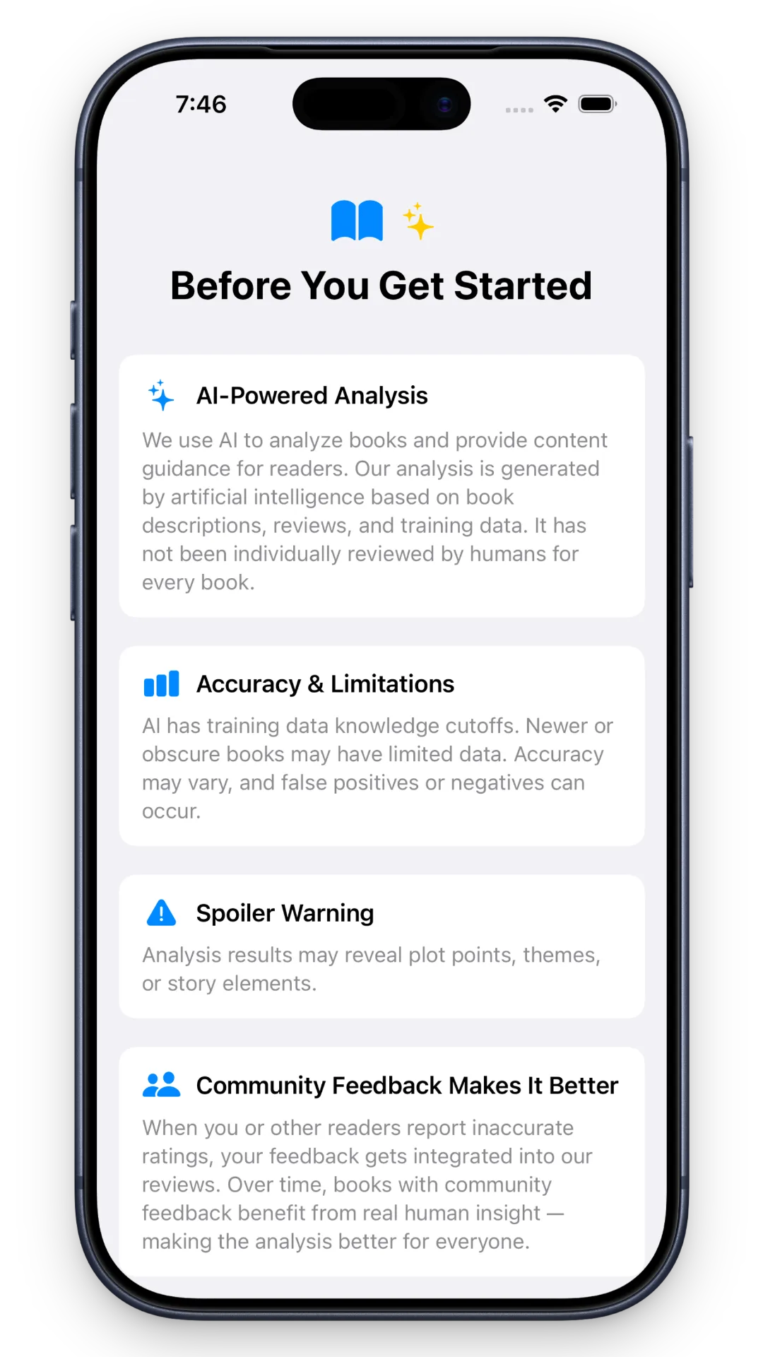 Before You Get Started screen explaining AI limitations, accuracy notes, and community feedback
