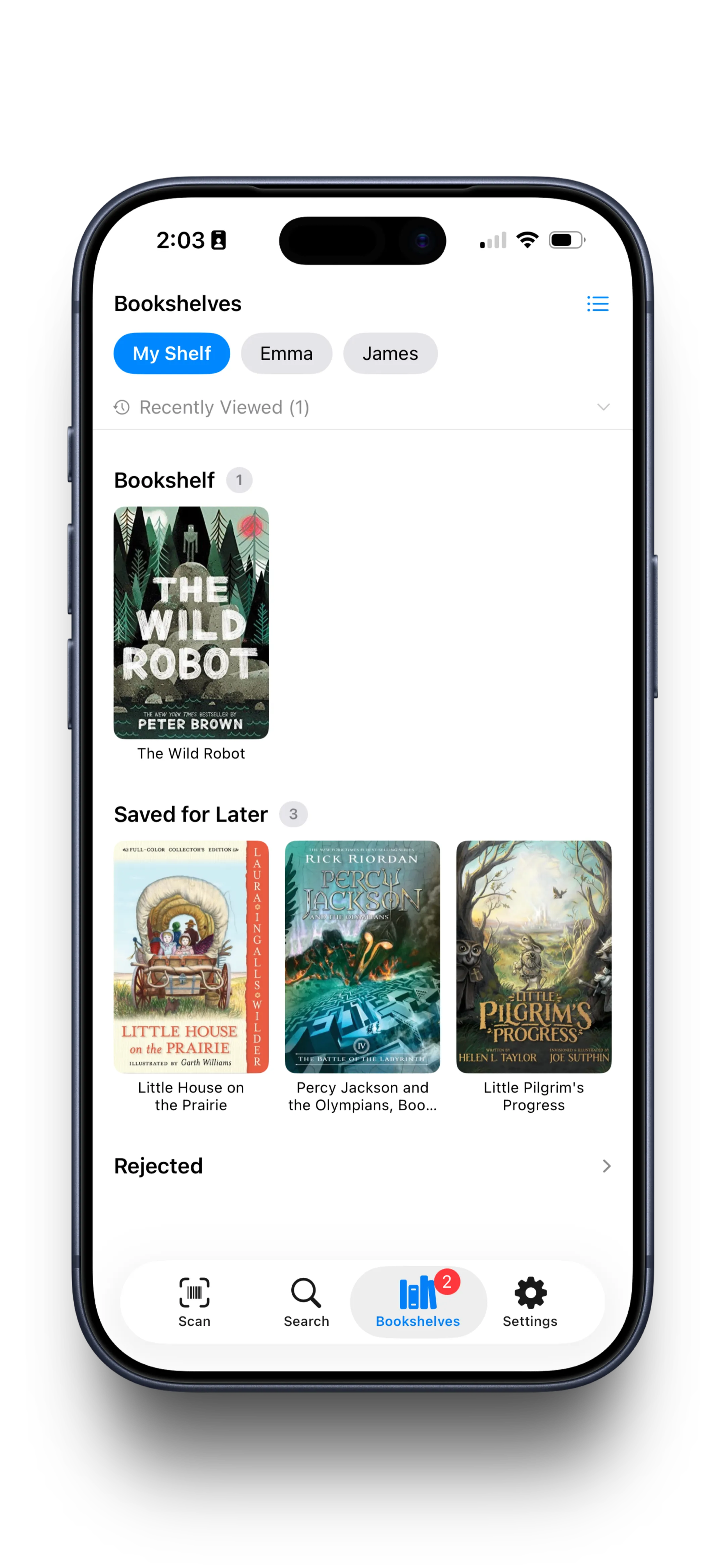 Bookshelves with reader tabs, organized by status