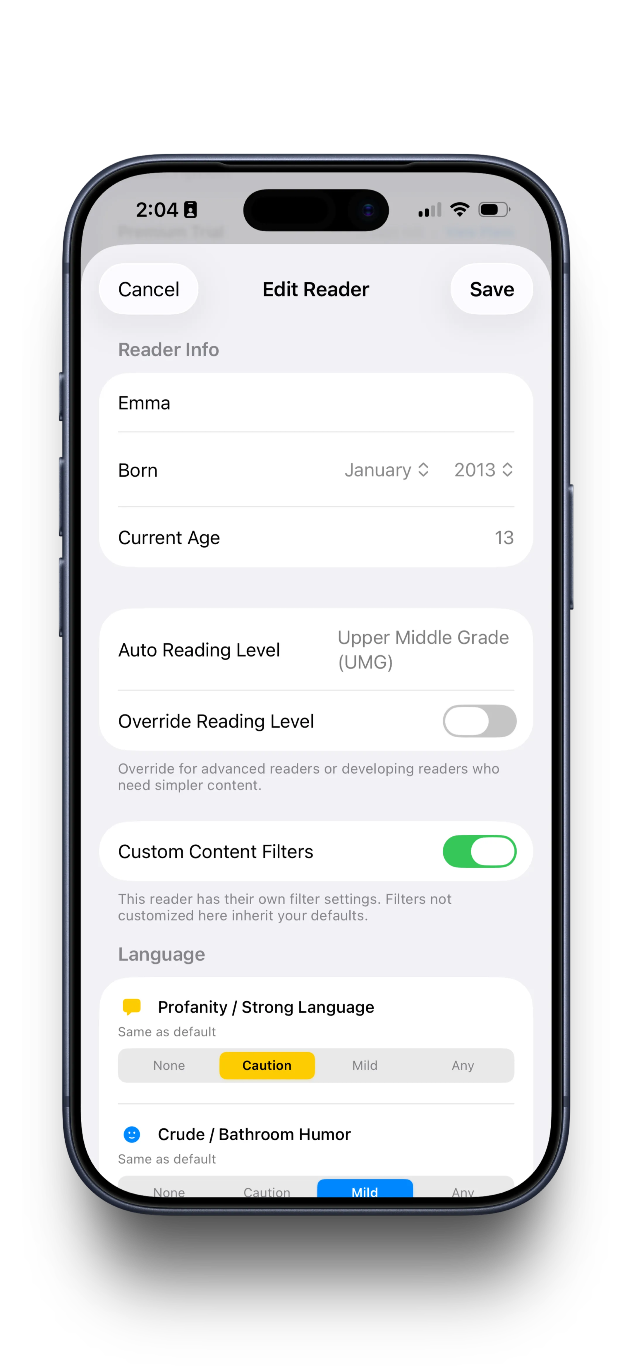 Reader profile for Emma with age-based reading level and custom content filters