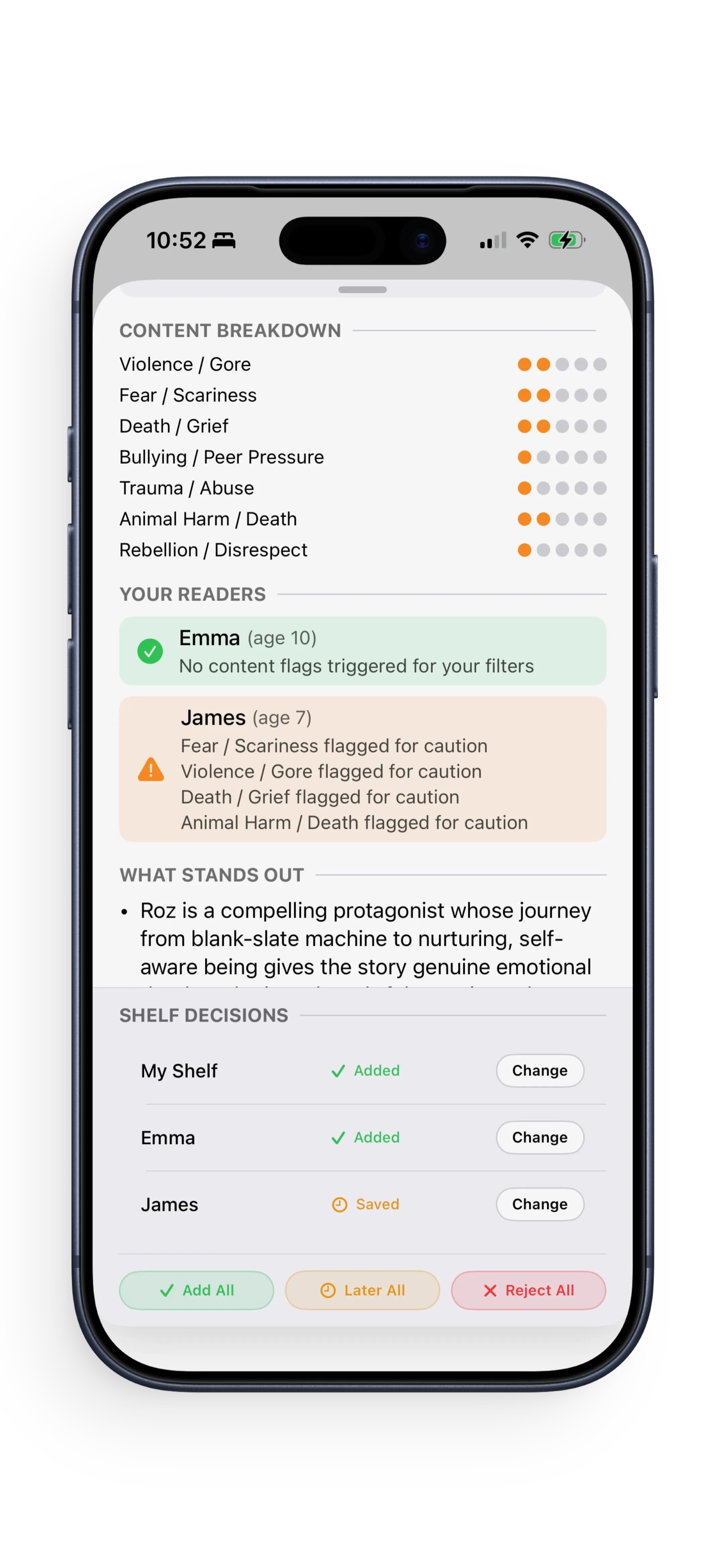 Per-reader verdicts showing different recommendations for each reader