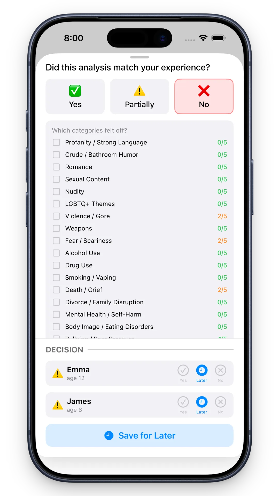 Shelf Checkout correction feedback screen listing content categories and options to report whether an analysis matched