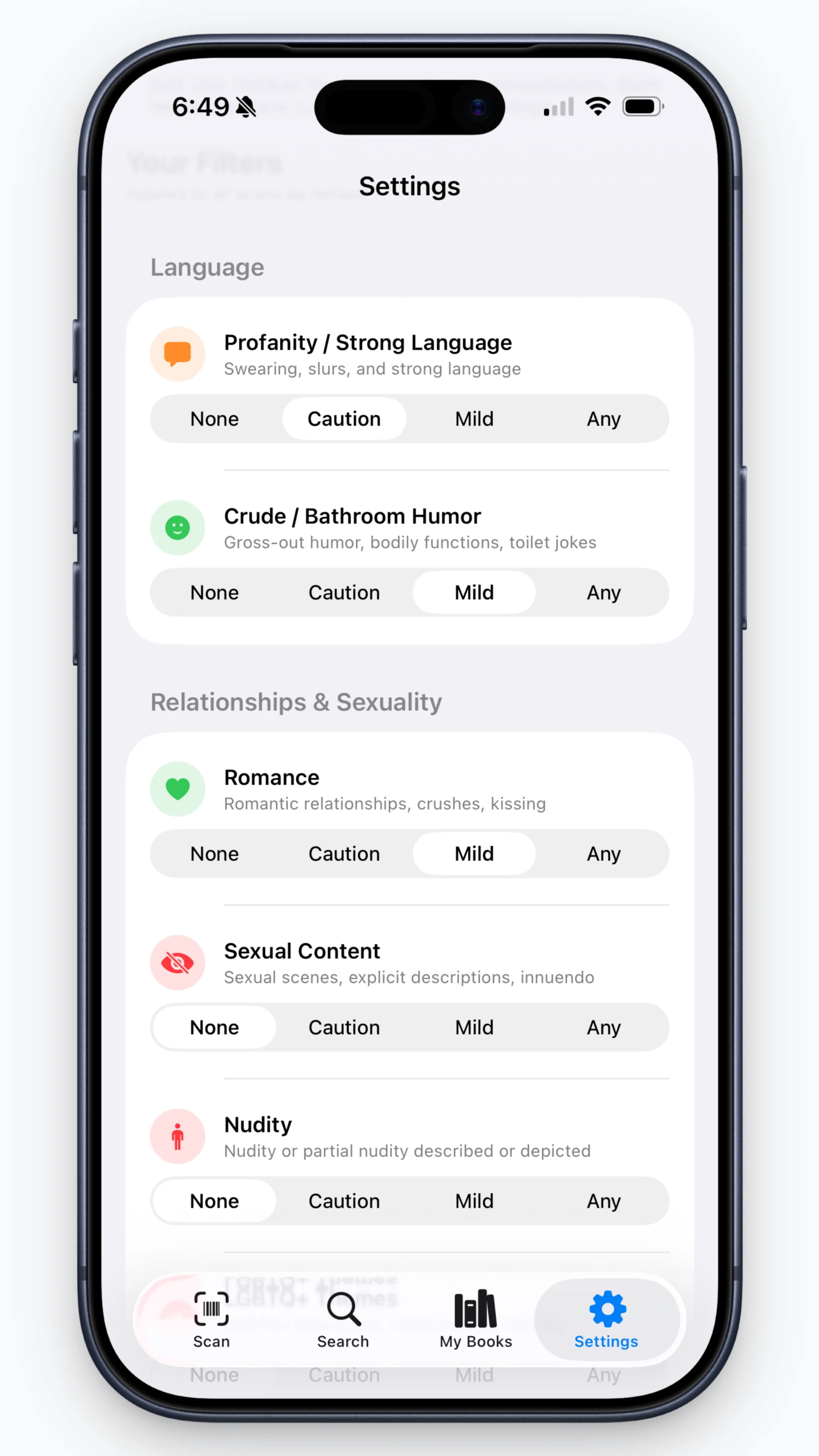 Shelf Checkout settings showing content flag settings for language, romance, sexual content, and nudity