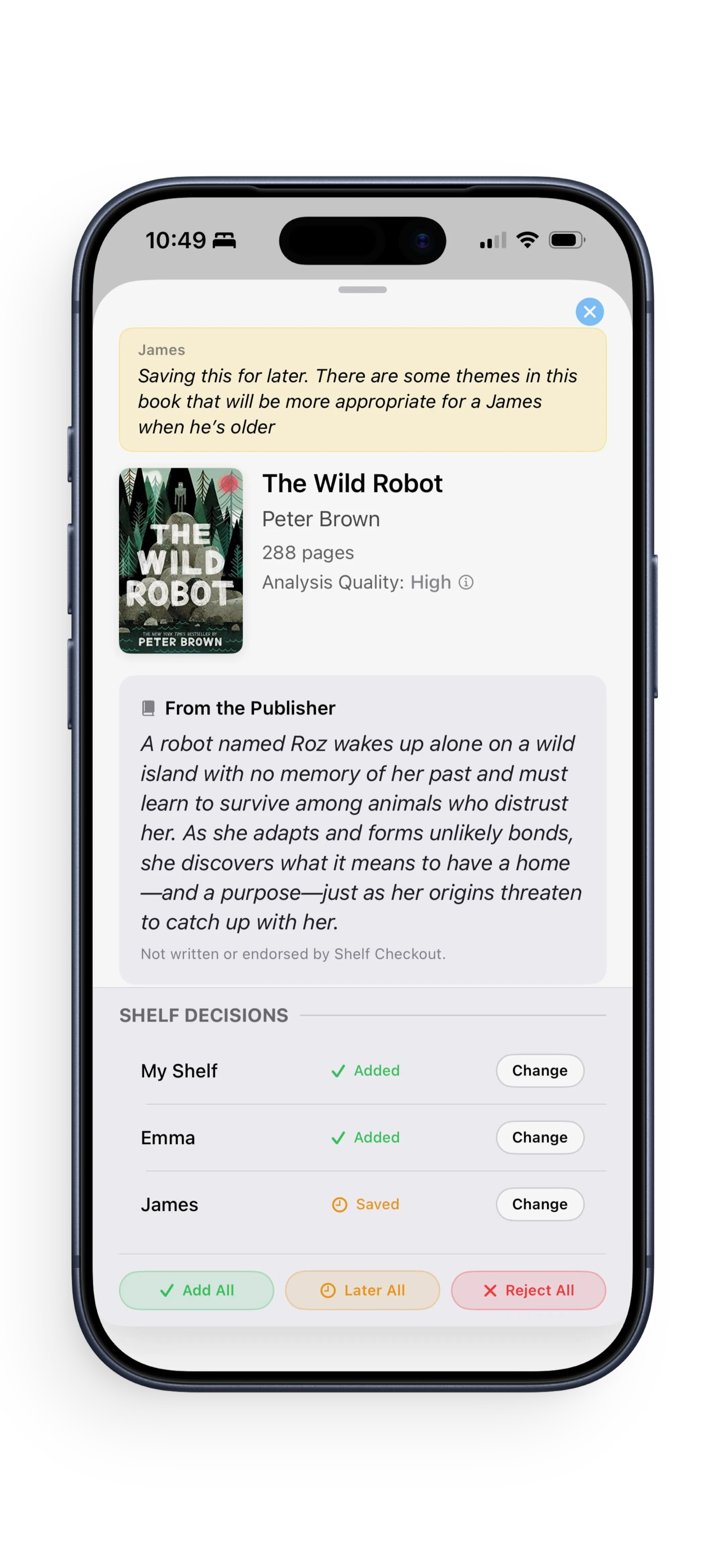 Book verdict showing different shelf decisions for each family member
