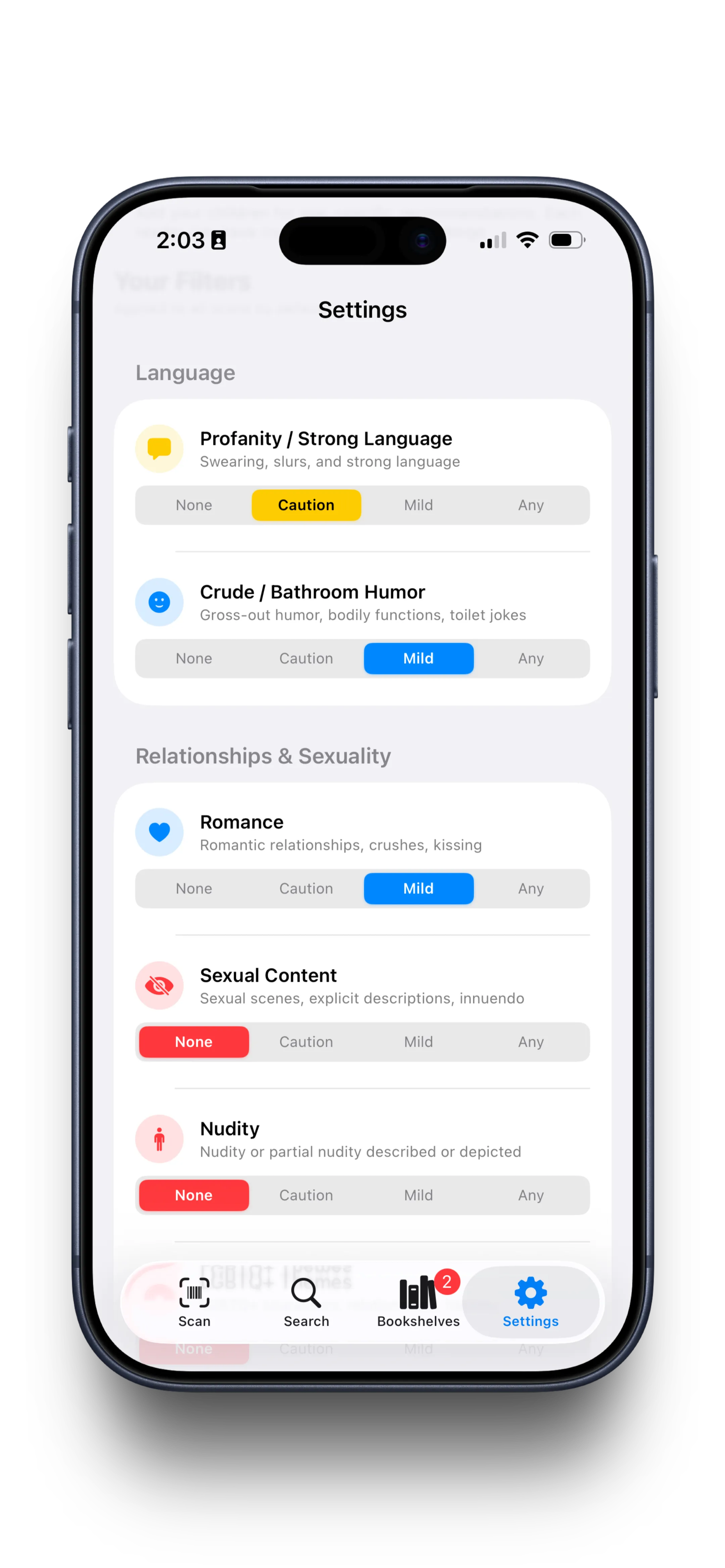 Content filter settings with sensitivity levels per category