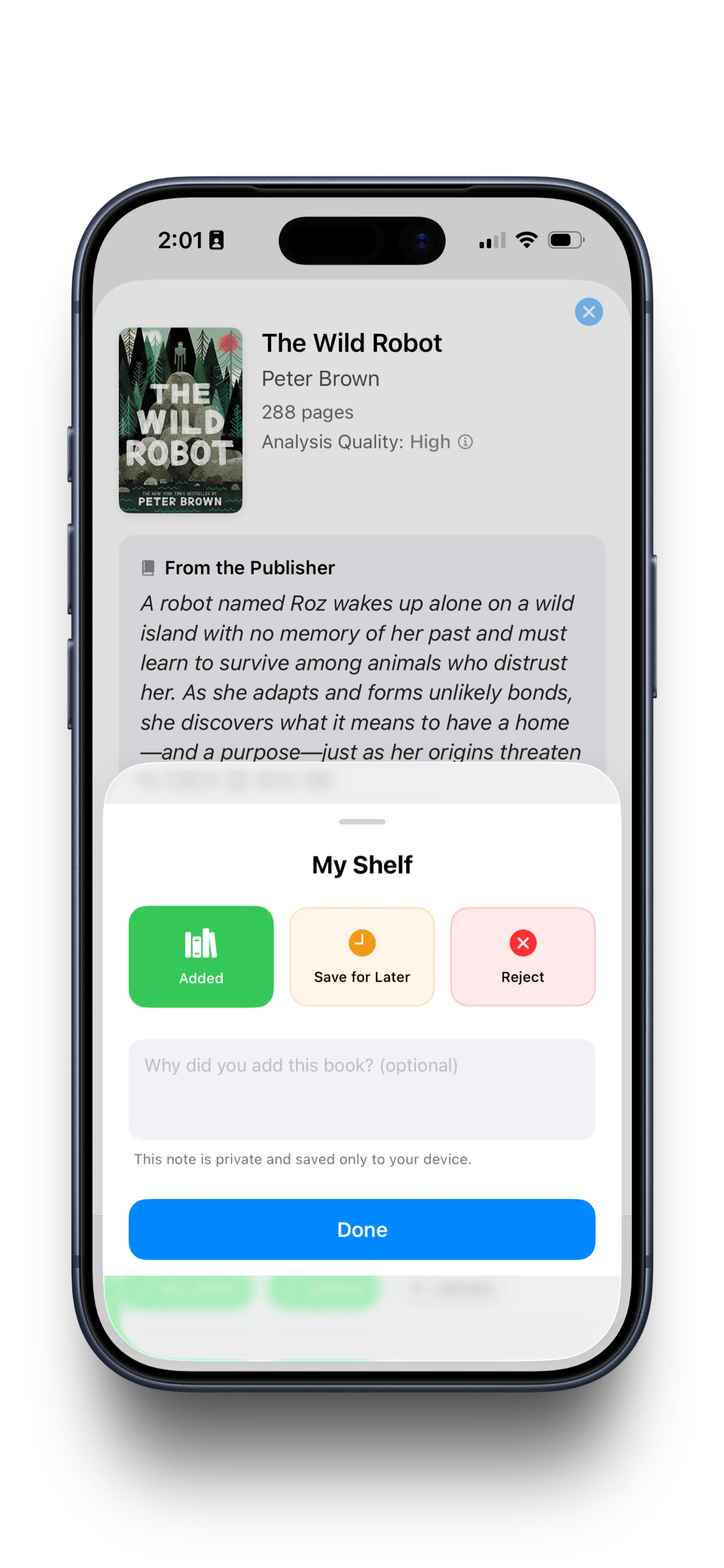 Shelf decision drawer with Add, Save for Later, and Reject options plus private notes