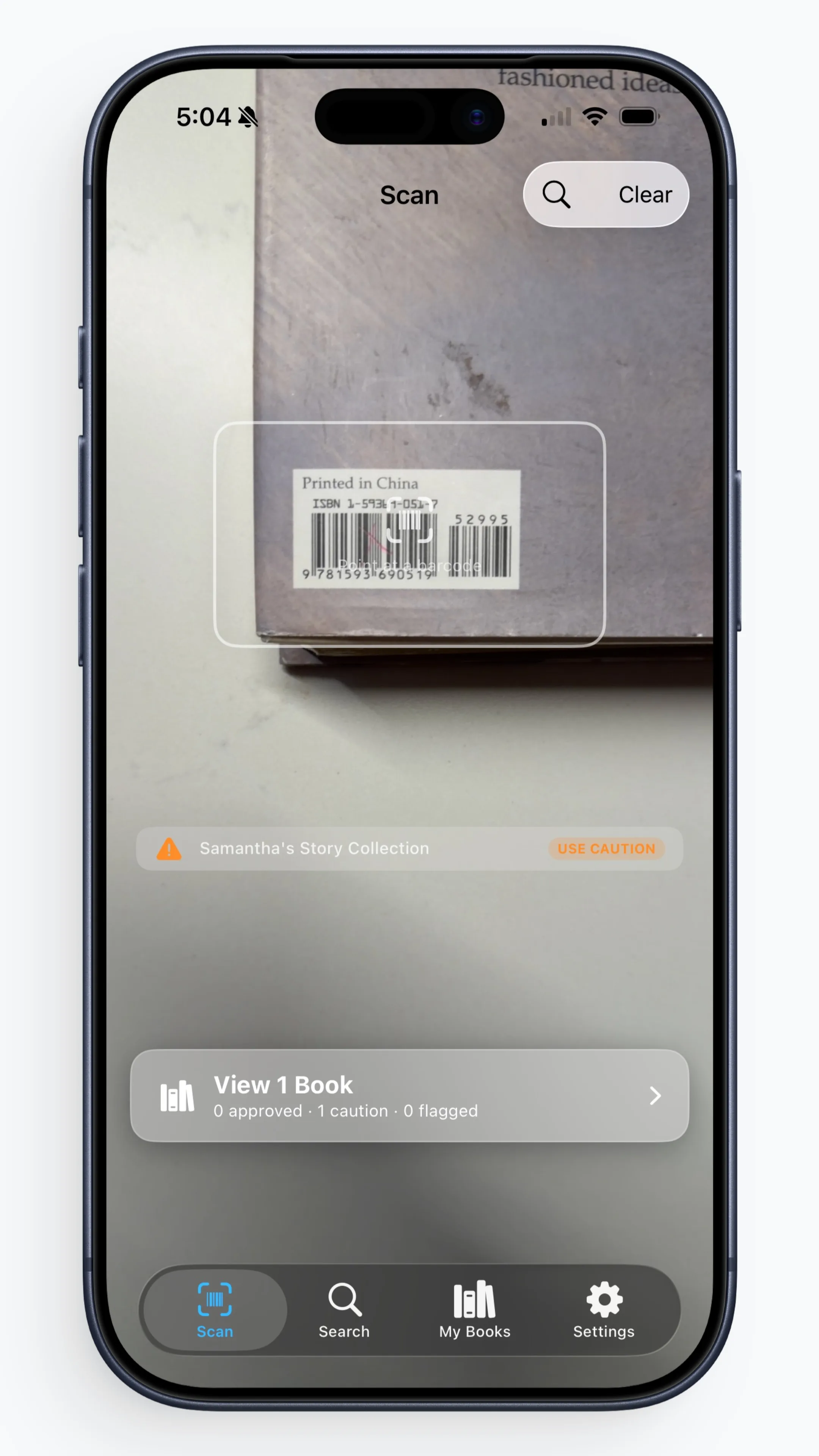 Barcode scanner with scanned books showing verdicts