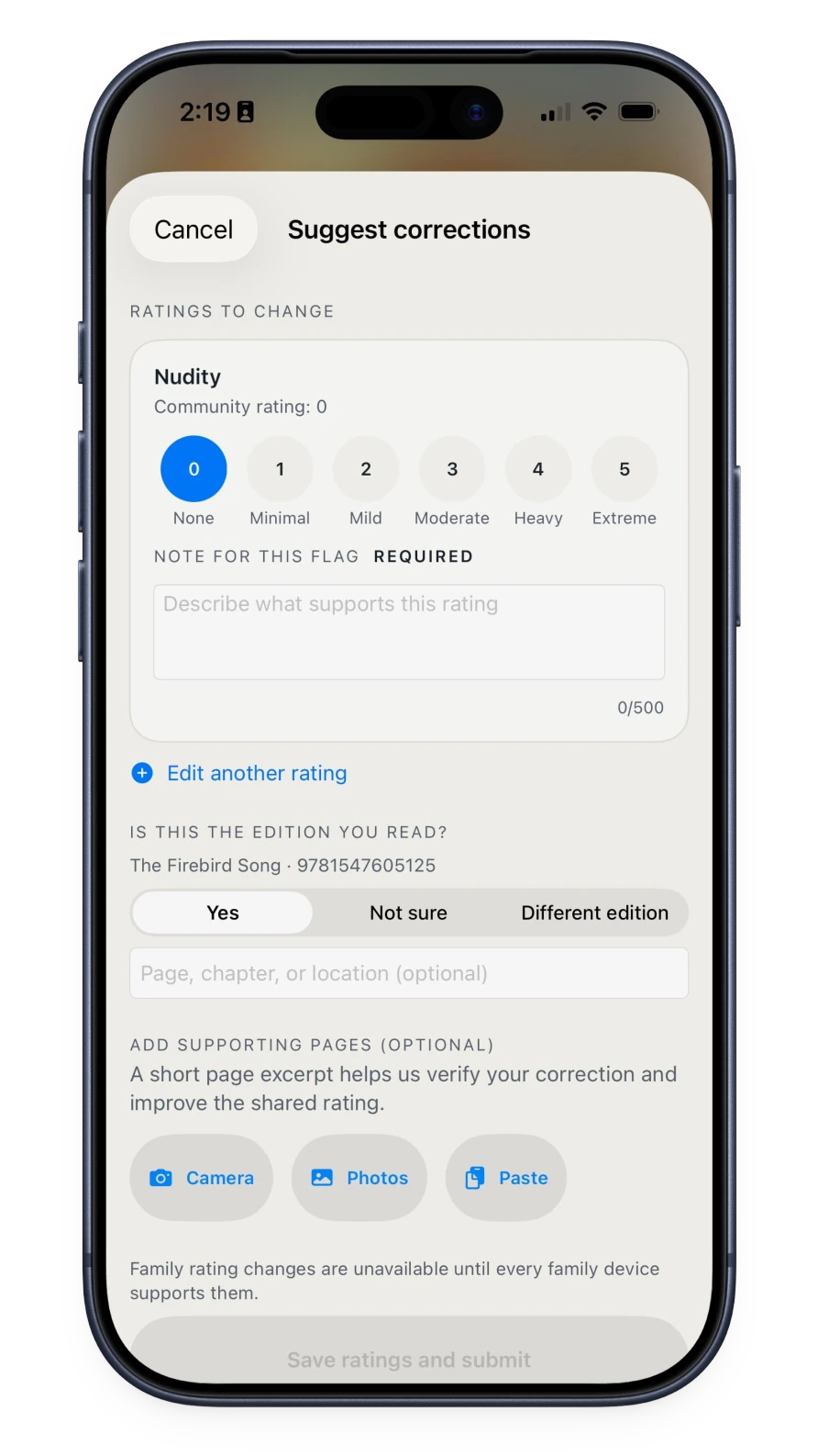 Suggest corrections screen with a 0 to 5 rating scale, a required supporting note, and an edition check