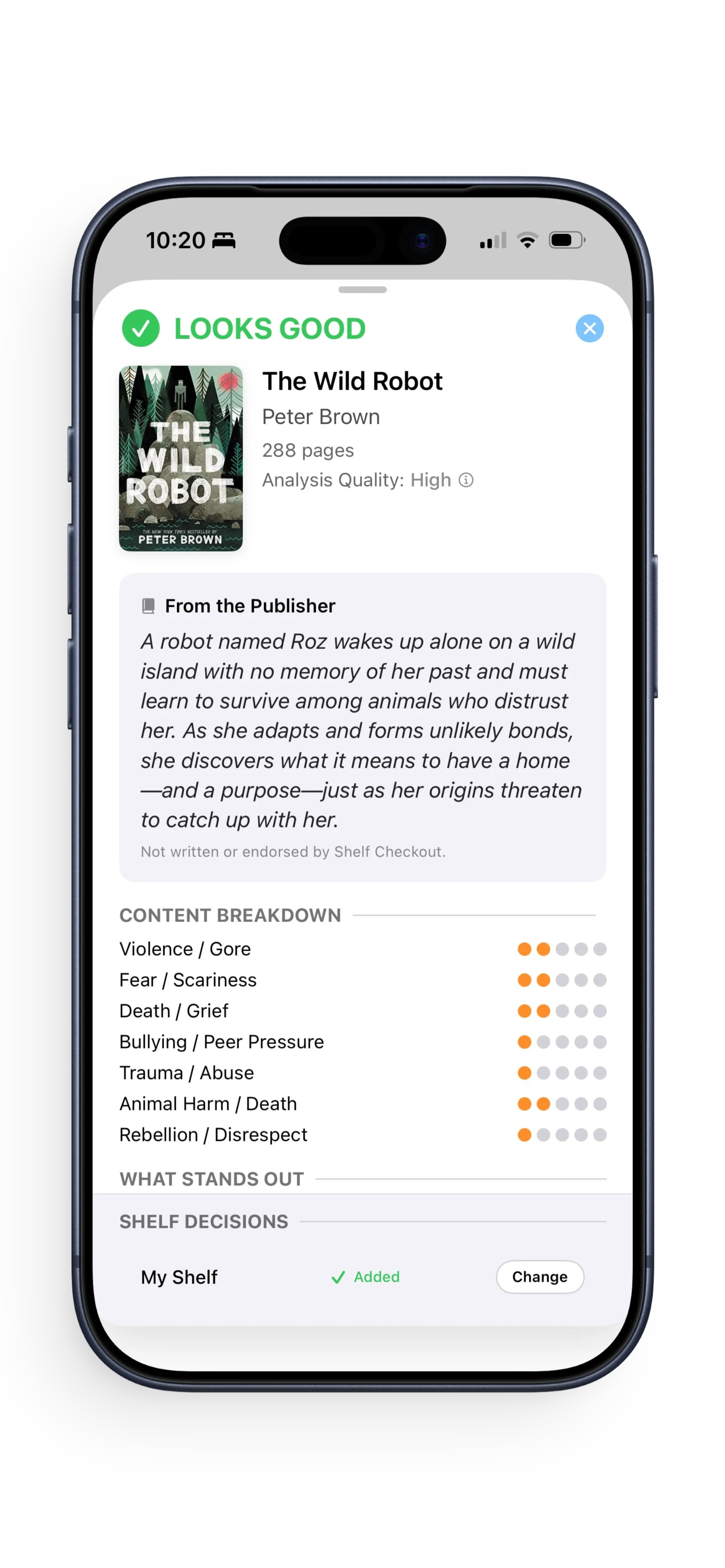 Book analysis showing Looks Good verdict with detailed content breakdown