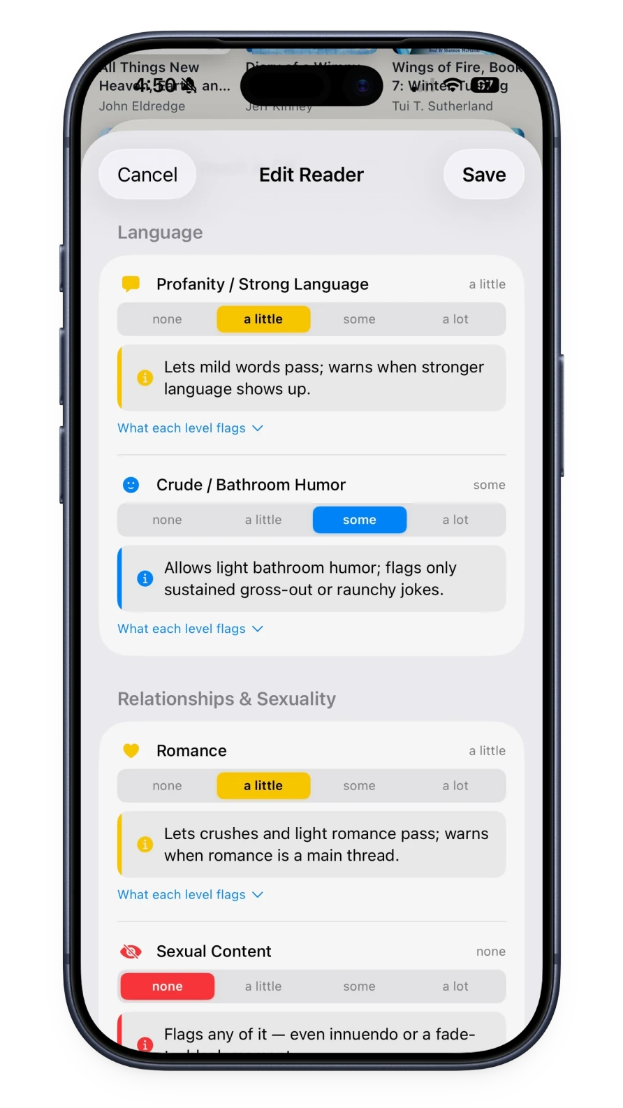 Shelf Checkout reader settings showing sensitivity levels for language, romance, and sexual content