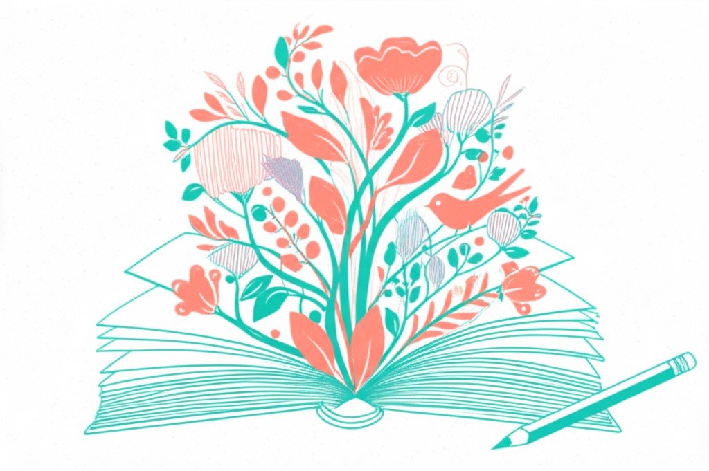 Editorial illustration of a young reader surrounded by story worlds growing from an open book, characters and landscapes unfurling upward