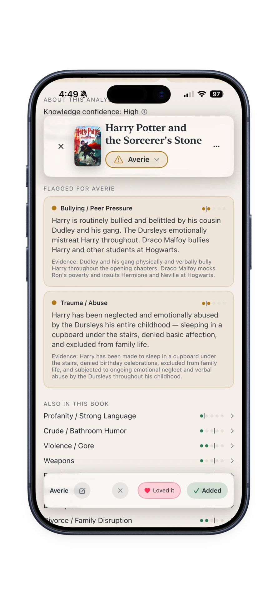 Harry Potter analysis flagging bullying and trauma themes for Averie