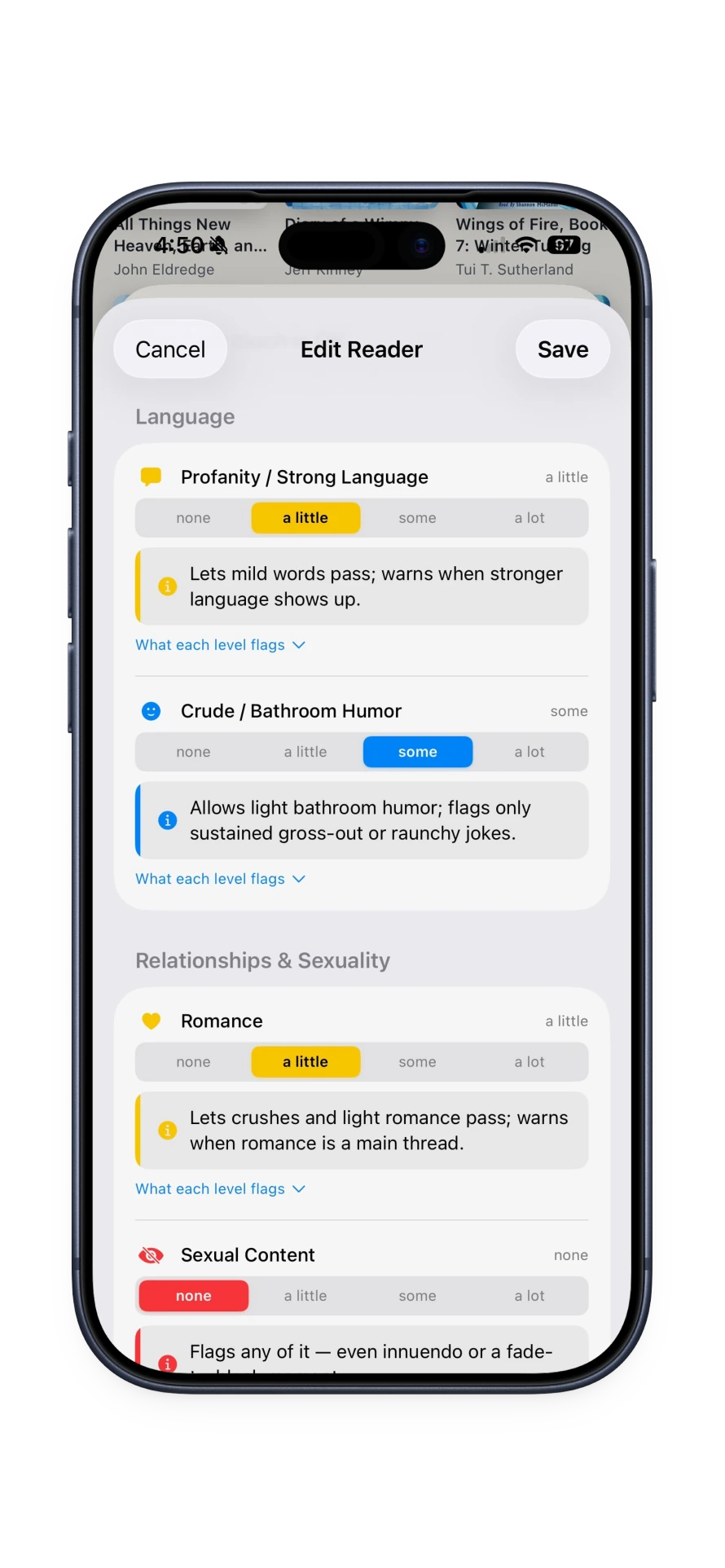 Content flag settings with 4 sensitivity levels per category across Language, Relationships, and more